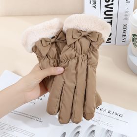 Warm Gloves Winter Women's Touch Screen Fleece-lined Thickened (Option: Hair Bow Khaki)